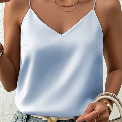 1pc Elegant Solid Color Satin Camisole, Women'S - Sexy Spaghetti Strap Design, Full Coverage, Smooth Glossy Surface, Perfect for Summer Attire, Versatile Spaghetti Style | Fashionable Spaghetti Strap | Lustrous Satin