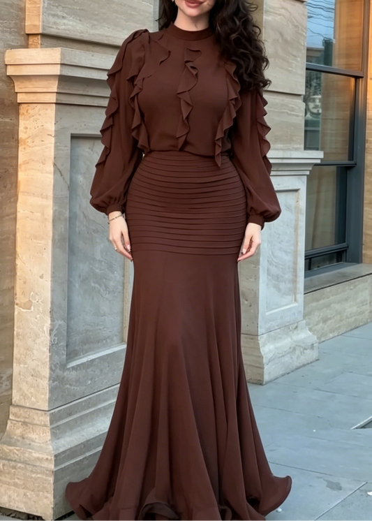 Elegant Brown Ruffle Mermaid Maxi Dress for Women with Mock Neck Balloon Sleeve Pleated Waist Formal Style