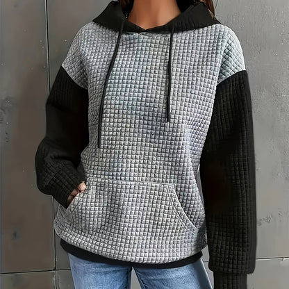 Autumn/Winter European and American Fashion Trendy Wide Fit Casual Loose Color Block Patchwork Pullover Hooded Versatile Sweatshirt Jacket for Women