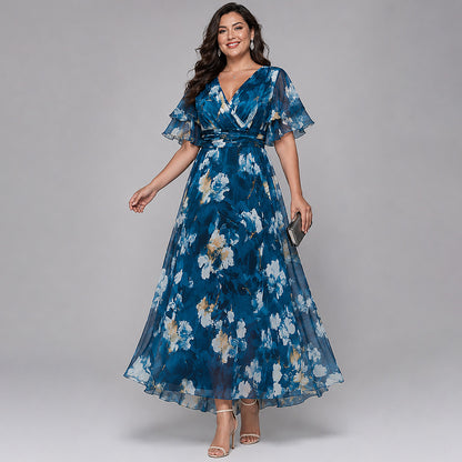 Flycurvy Plus Size Wedding Guest Blue Chiffon Floral Print Wrap Layered Flutter Sleeve Maxi Dress