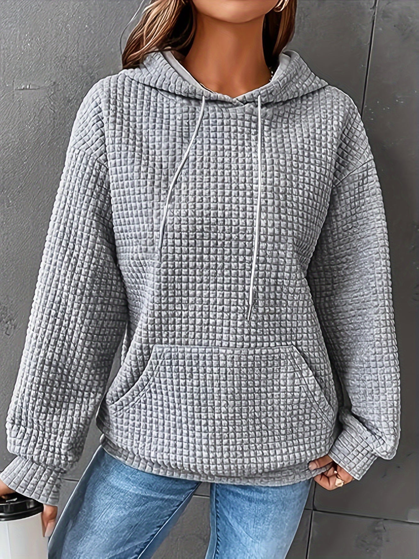 Women's Casual Waffle- Color-Block Hooded Sweatshirt - Relaxed Fit Long Sleeve Pullover with Drawstring Hood, Machine Washable Autumn Winter Fashion Top, Cute Sweatshirts, Autumn Apparel, Soft Fabric, Everyday Outfit, Waffle Design, Breathable Material, C