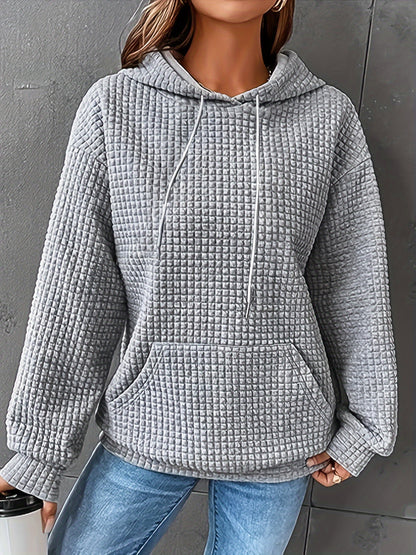 Women's Casual Waffle- Color-Block Hooded Sweatshirt - Relaxed Fit Long Sleeve Pullover with Drawstring Hood, Machine Washable Autumn Winter Fashion Top, Cute Sweatshirts, Autumn Apparel, Soft Fabric, Everyday Outfit, Waffle Design, Breathable Material, C