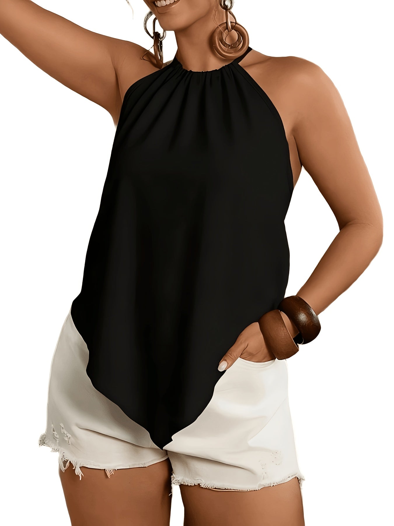 Women's Fashion Blouse, Asymmetrical Hem Tie-Neck Sleeveless, Suitable for Spring and Summer Wear