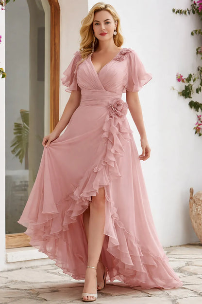 Flycurvy Plus Size Wedding Guest Blush Pink Chiffon Wrap Flutter Sleeve Slit Ruffle Hem Maxi Dress