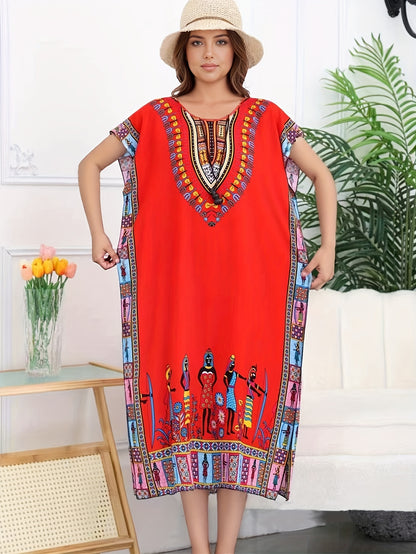 Ethnic Style Dress Summer New Bohemian Style Vacation Batwing Sleeve Dress Loose Beach Dress