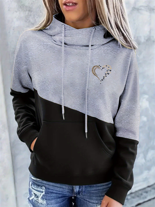 Comfortable Colorblock Hoodie for Women with Cowl Neck Long Sleeve Drawstring Relaxed Oversized Knit Style