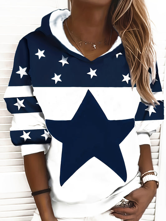 Comfortable Navy Star Print Hoodie for Women with Hooded Long Sleeve Oversized Relaxed Knit Style