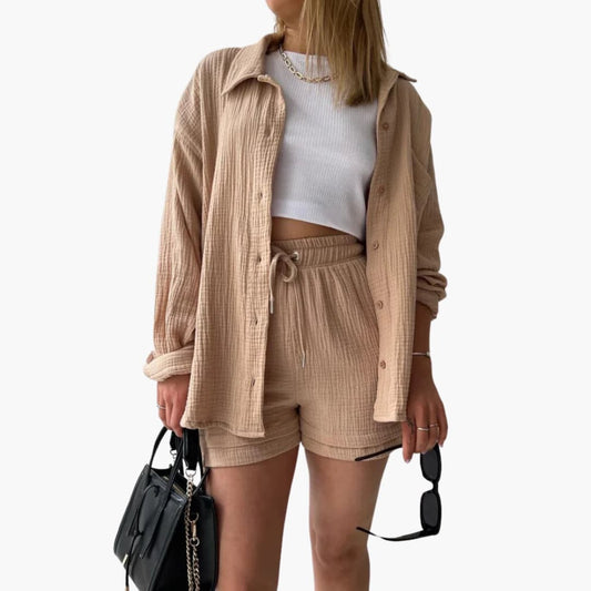 Effortless Cotton Gauze Two Piece Set for Women with Collar Long Sleeve Button Front Relaxed Casual Style