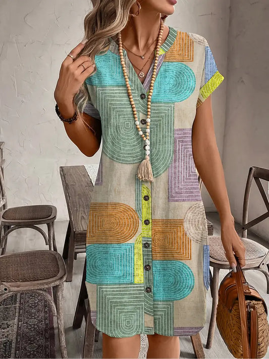 Effortless Multicolor Geometric Print Shirt Dress for Women with V Neck Short Sleeve Button Front Relaxed Boho Style