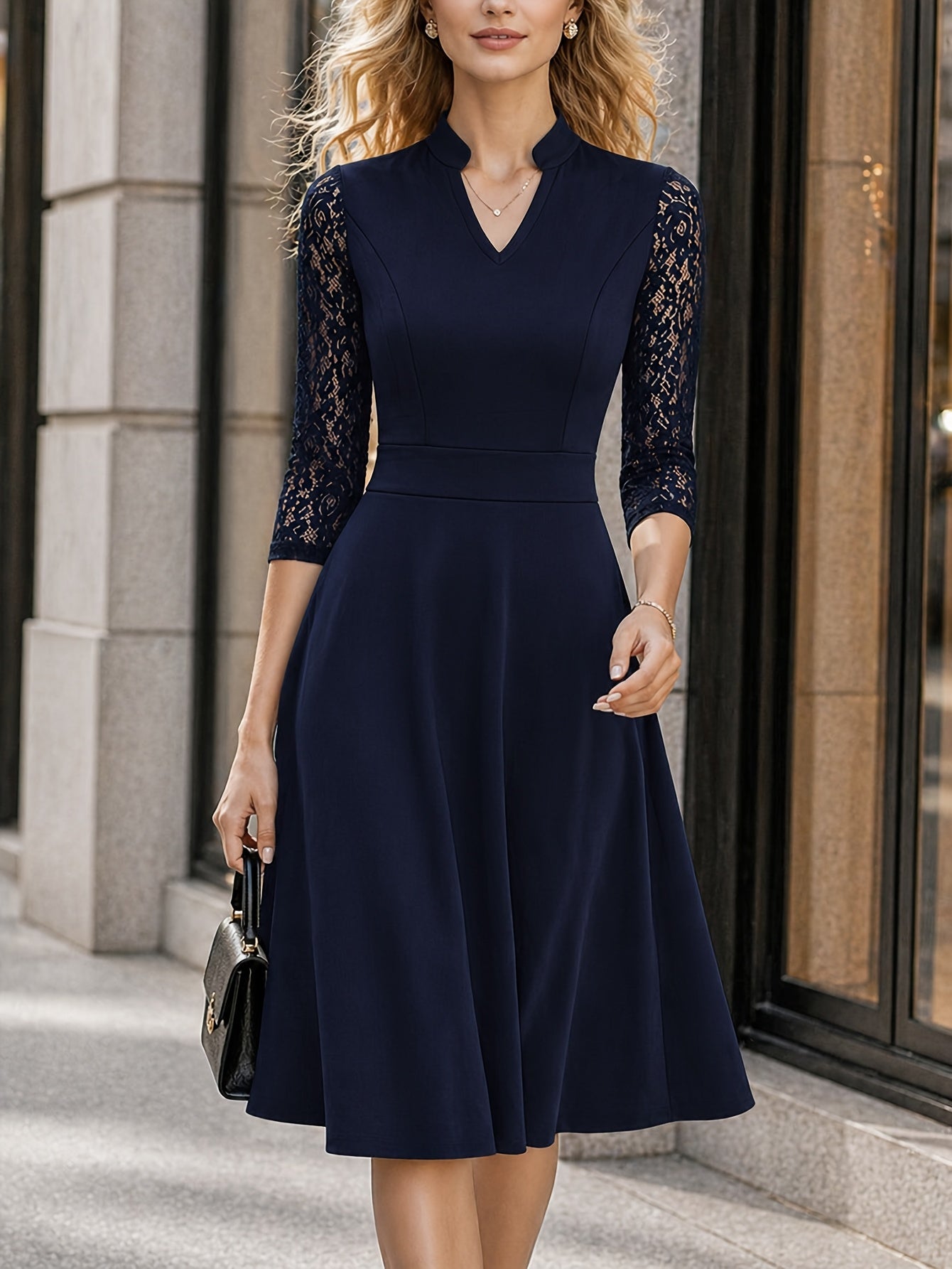 Women's Slim-fit Dress, Elegant Tailored Design, Suitable for Both Commuting and Parties, Long Sleeves with Lace Detailing, Waist-cinching Design, Mid-length for Autumn and Winter Workwear