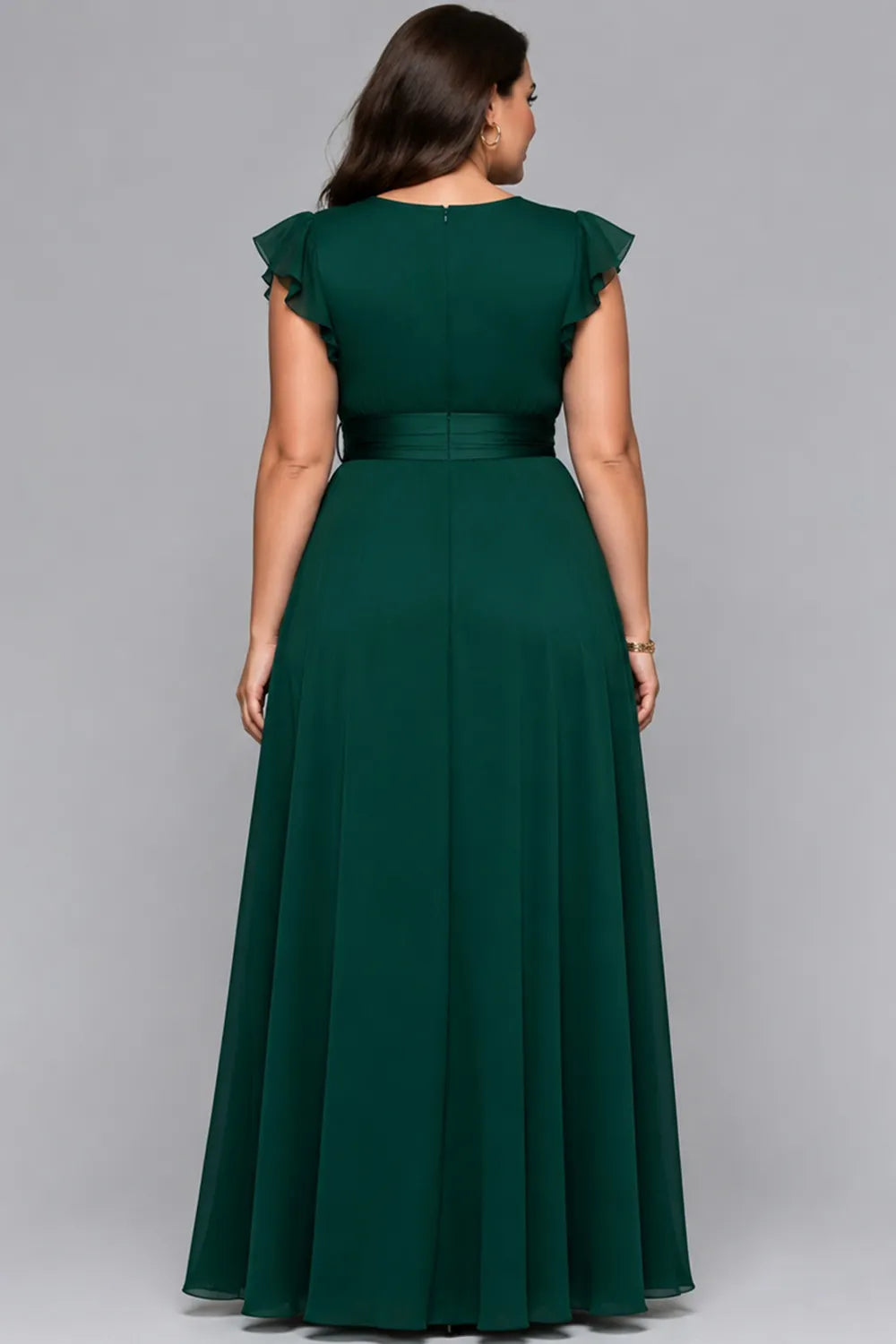 Flycurvy Plus Size Wedding Guest Dark Green Chiffon Ruffle Sleeve Slit Hem Maxi Dress With Belt