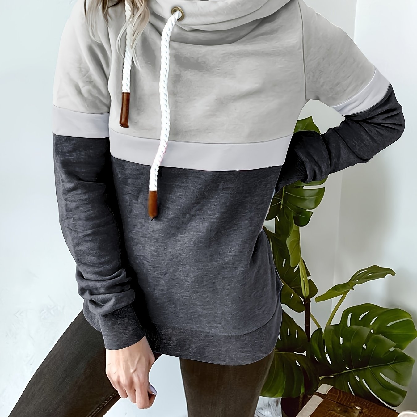 New Autumn Winter Color-Block Hooded Casual Sweatshirt Fashion Loose Lazy Style Jacket Long Sleeve Top