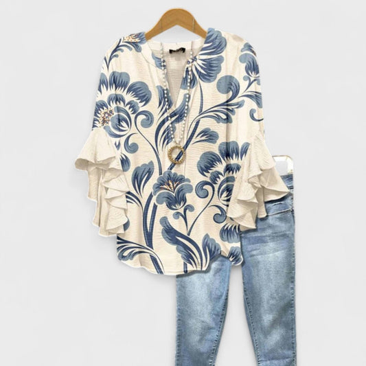 Effortless Floral Blouse for Women with V Neck Bell Sleeve Relaxed Boho Style