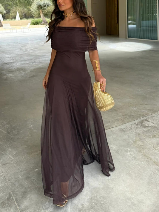 Elegant Mesh Maxi Dress for Women with Off Shoulder Short Sleeve Ruched Sheer Flowing Style
