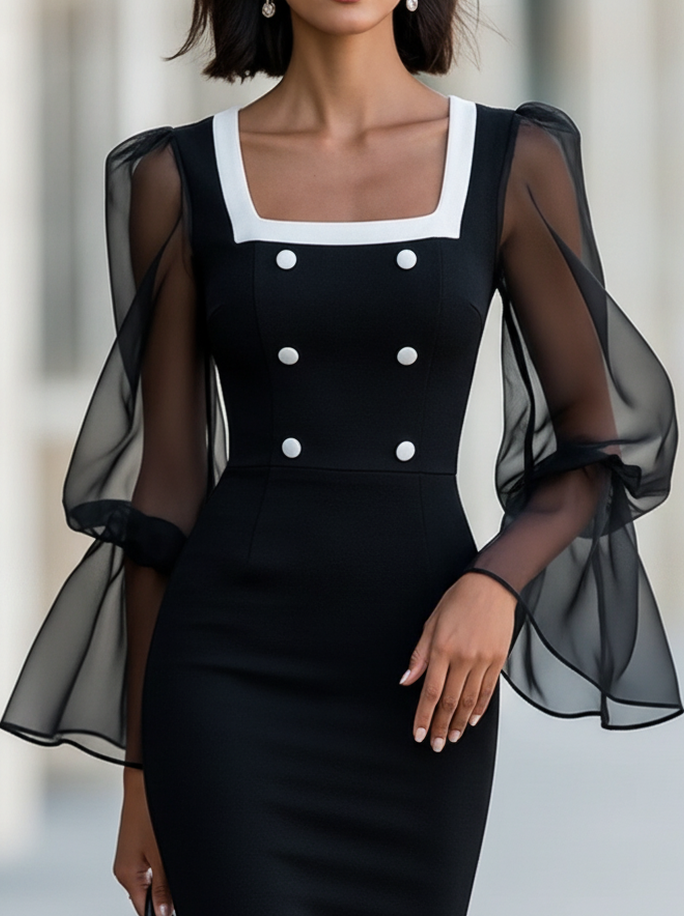 Black Square Neck Sheer Flare Sleeve Bodycon Midi Dress