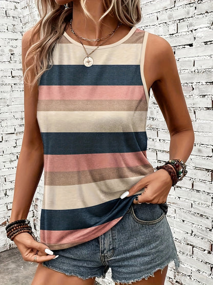 [Women's Base Layer] Versatile Summer Women's Striped Short Sleeve T-Shirt Tank Top Round Neck Base Layer