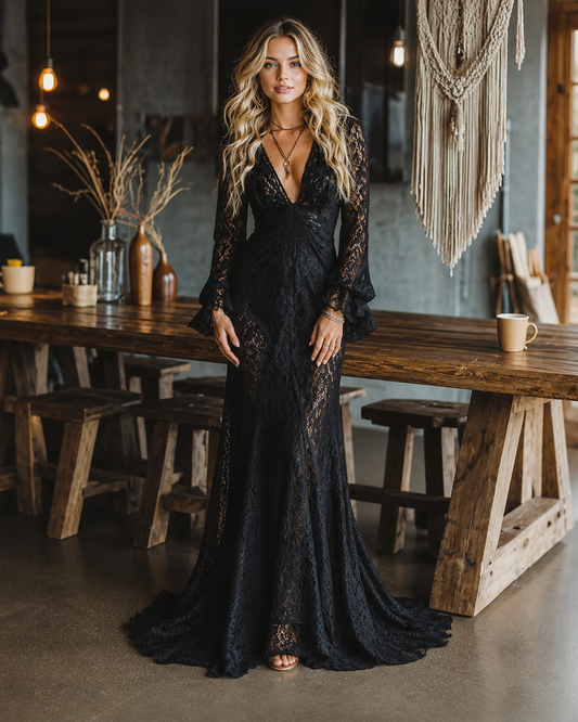 Elegant Black Lace Maxi Dress for Women with V Neck Bell Sleeve Fitted Bohemian Style