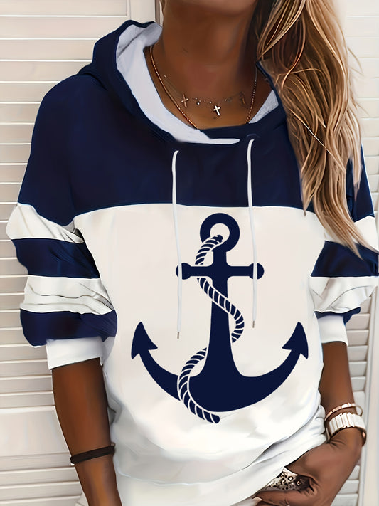 Comfortable Navy White Anchor Print Hoodie for Women with Drawstring Hood Long Sleeve Oversized Relaxed Style