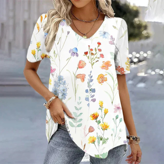 Effortless Floral Print Tunic for Women with V Neck Short Sleeve Curved Hem Relaxed Style