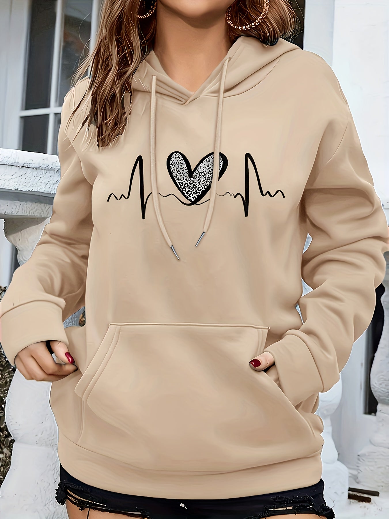 Fashion Hooded Sweatshirt For Women | Regular Fit, Heart Pattern, Drawstring Detail, Ideal For Fall/Winter