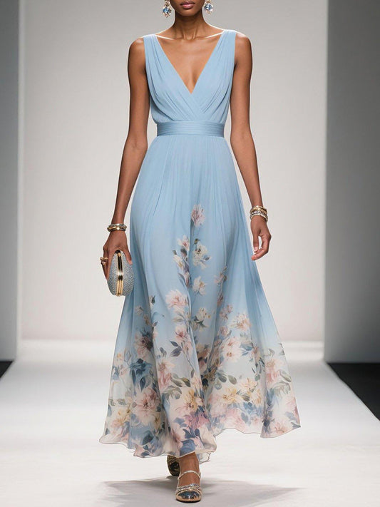Effortless Floral Maxi Dress for Women with V Neck Sleeveless Flowing Wedding Guest Style