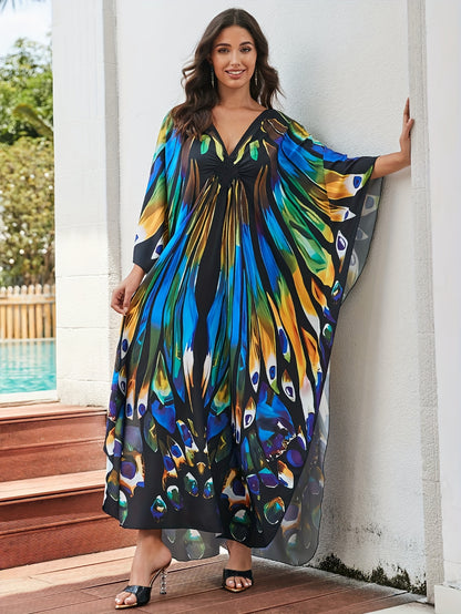 Plus Size Boho Cover Up, Women's Butterfly Print Chinese Knot Braided V Neck Maxi Loose Fit Beach Kaftan Dress