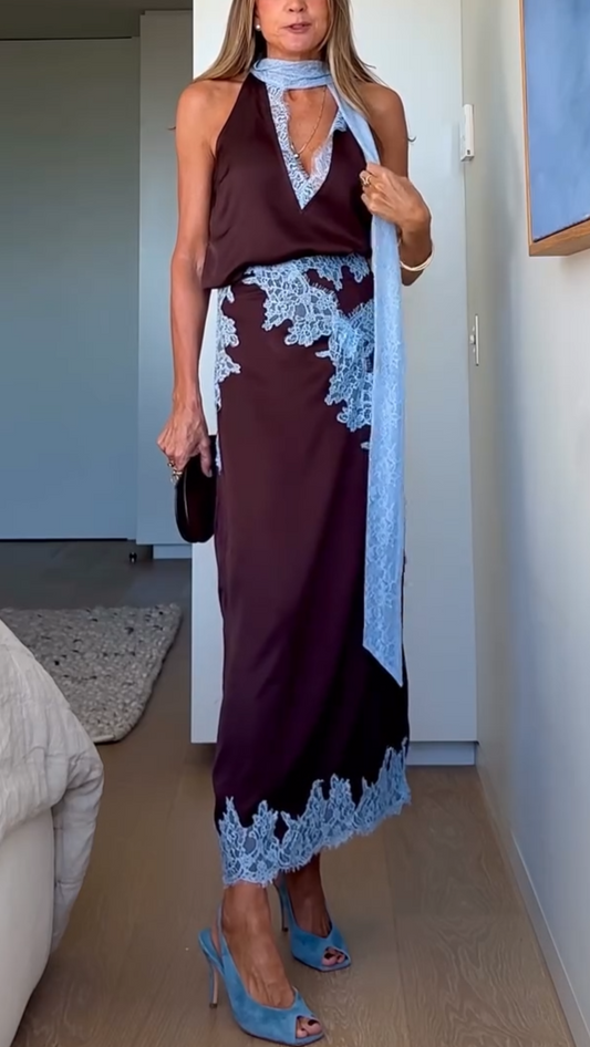 Elegant Brown Satin Maxi Dress for Women with Halter V Neck Lace Trim Flowing Style
