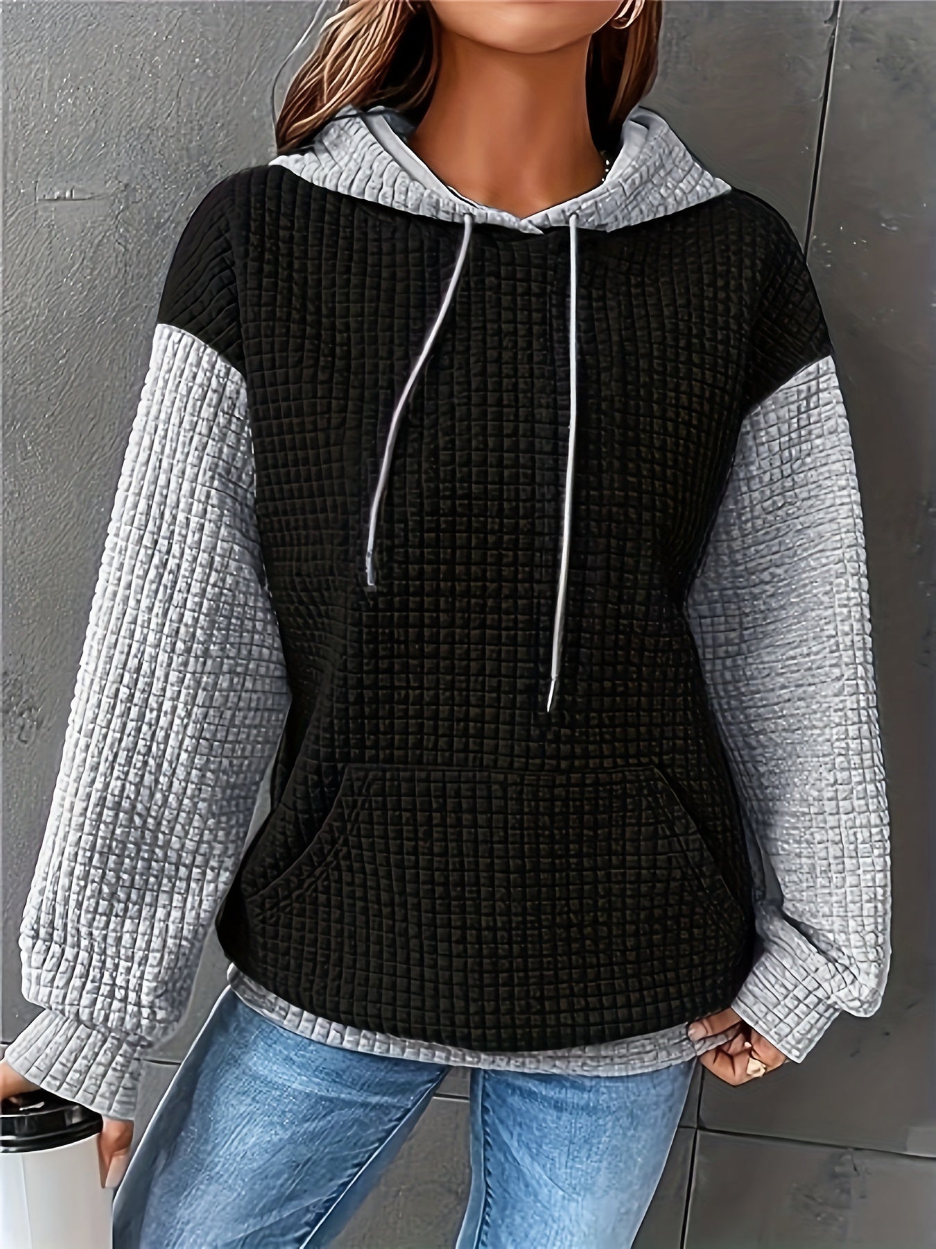 Women's Casual Waffle- Color-Block Hooded Sweatshirt - Relaxed Fit Long Sleeve Pullover with Drawstring Hood, Machine Washable Autumn Winter Fashion Top, Cute Sweatshirts, Autumn Apparel, Soft Fabric, Everyday Outfit, Waffle Design, Breathable Material, C