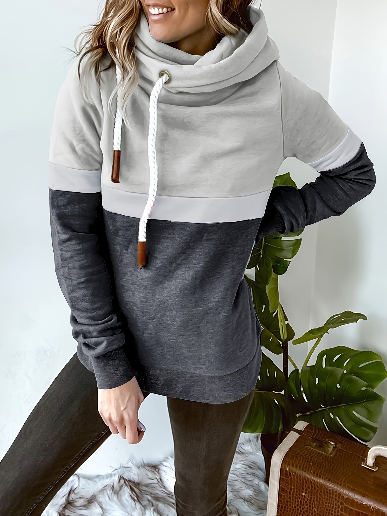 New Autumn Winter Color-Block Hooded Casual Sweatshirt Fashion Loose Lazy Style Jacket Long Sleeve Top