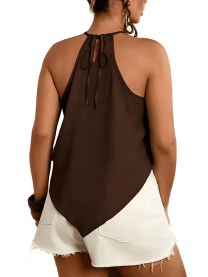 Women's Fashion Blouse, Asymmetrical Hem Tie-Neck Sleeveless, Suitable for Spring and Summer Wear