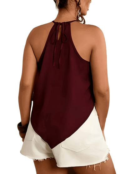 Women's Fashion Blouse, Asymmetrical Hem Tie-Neck Sleeveless, Suitable for Spring and Summer Wear