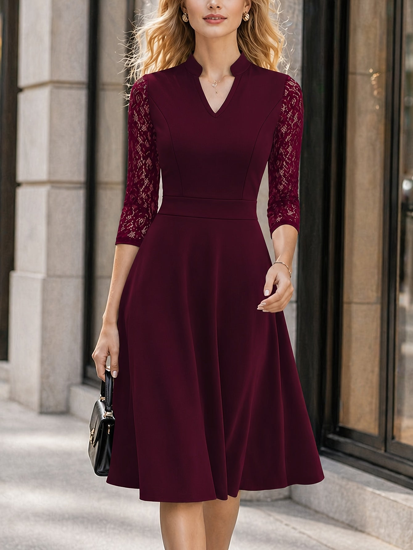 Women's Slim-fit Dress, Elegant Tailored Design, Suitable for Both Commuting and Parties, Long Sleeves with Lace Detailing, Waist-cinching Design, Mid-length for Autumn and Winter Workwear