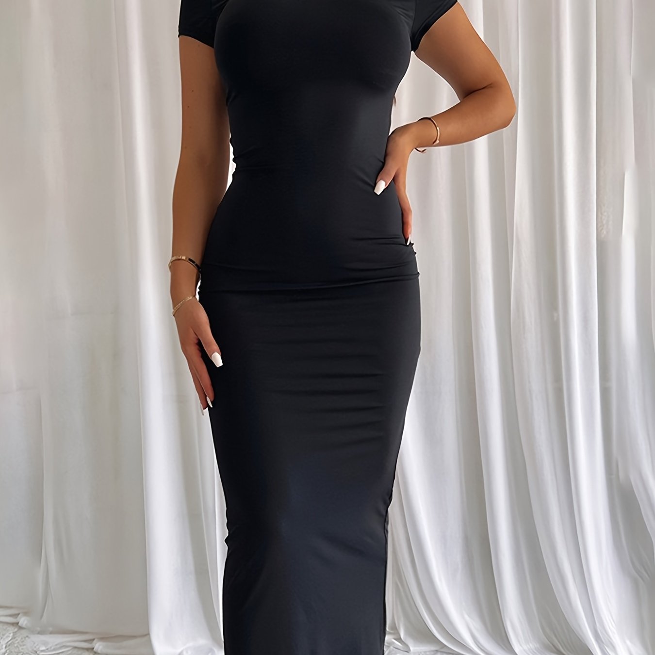 Women's Bodycon Pencil Dress - Sexy Round Neck Short Sleeve Long Sleeveless Alternative - Machine Washable Stretchy Fabric - Solid Color Elegant Office to Party Wear, Formal Occasion, Formfitting Silhouette, Smooth Texture, Professional Women