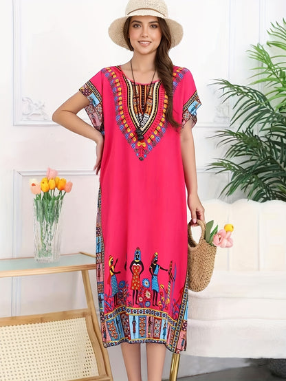 Ethnic Style Dress Summer New Bohemian Style Vacation Batwing Sleeve Dress Loose Beach Dress