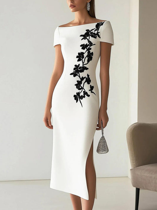 Elegant White Floral Embroidered Midi Dress for Women with Off Shoulder Short Sleeve Side Slit Sheath Style
