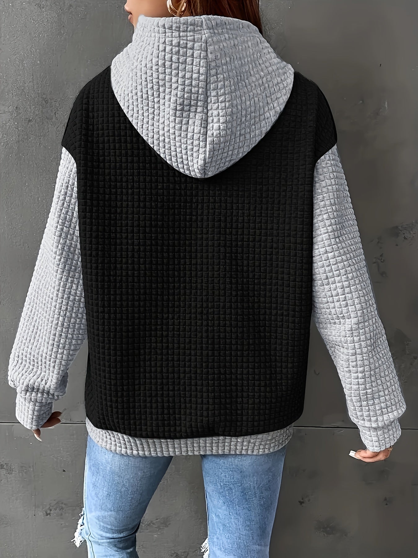Women's Casual Waffle- Color-Block Hooded Sweatshirt - Relaxed Fit Long Sleeve Pullover with Drawstring Hood, Machine Washable Autumn Winter Fashion Top, Cute Sweatshirts, Autumn Apparel, Soft Fabric, Everyday Outfit, Waffle Design, Breathable Material, C