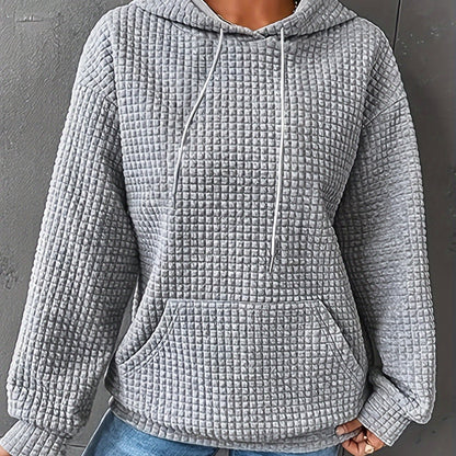 Women's Casual Waffle- Color-Block Hooded Sweatshirt - Relaxed Fit Long Sleeve Pullover with Drawstring Hood, Machine Washable Autumn Winter Fashion Top, Cute Sweatshirts, Autumn Apparel, Soft Fabric, Everyday Outfit, Waffle Design, Breathable Material, C