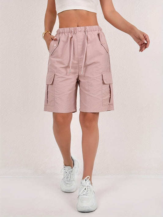 Effortless Pink Cargo Shorts for Women with High Waist Drawstring Button Flap Pocket Relaxed Style