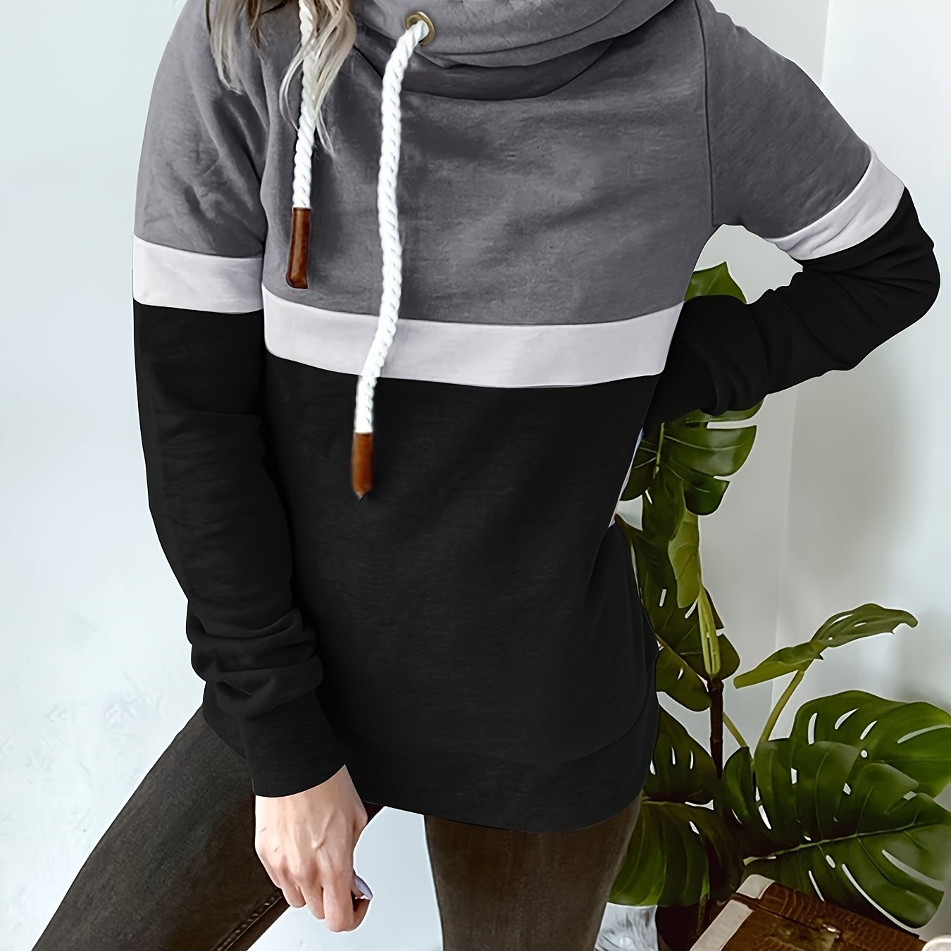 New Autumn Winter Color-Block Hooded Casual Sweatshirt Fashion Loose Lazy Style Jacket Long Sleeve Top