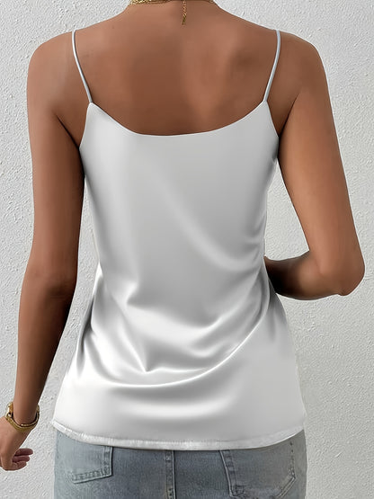 1pc Elegant Solid Color Satin Camisole, Women'S - Sexy Spaghetti Strap Design, Full Coverage, Smooth Glossy Surface, Perfect for Summer Attire, Versatile Spaghetti Style | Fashionable Spaghetti Strap | Lustrous Satin