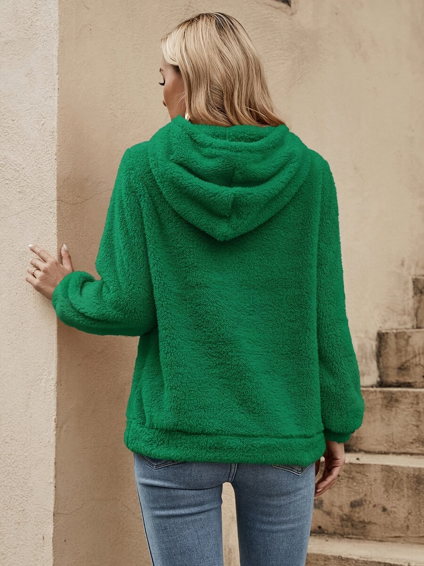 Solid Color Teddy Hoodie, Casual Long Sleeve Drawstring Hooded Sweatshirt, Women'S Clothing