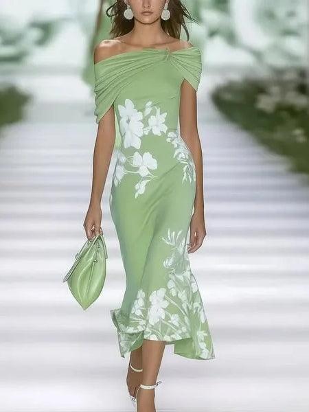 Elegant Floral Midi Dress for Women with Off Shoulder Short Sleeve Ruched Mermaid Formal Wedding Guest Style