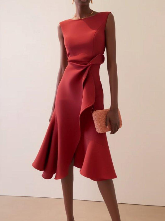 Elegant Sheath Midi Dress for Women with Boat Neck Sleeveless Draped Ruffle Hem Cocktail Style