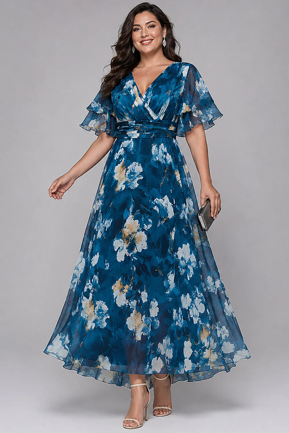 Flycurvy Plus Size Wedding Guest Blue Chiffon Floral Print Wrap Layered Flutter Sleeve Maxi Dress