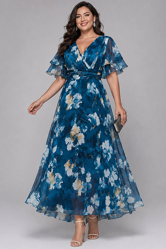 Elegant Blue Floral Maxi Dress for Women with V Neck Flutter Sleeve Wrap Flowing Wedding Guest Style