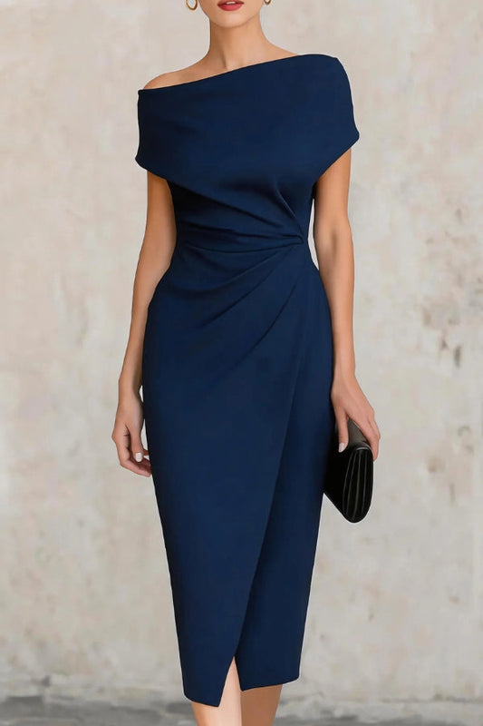 Elegant Draped Midi Dress for Women with Off Shoulder Cap Sleeve Ruched Wrap Cocktail Style