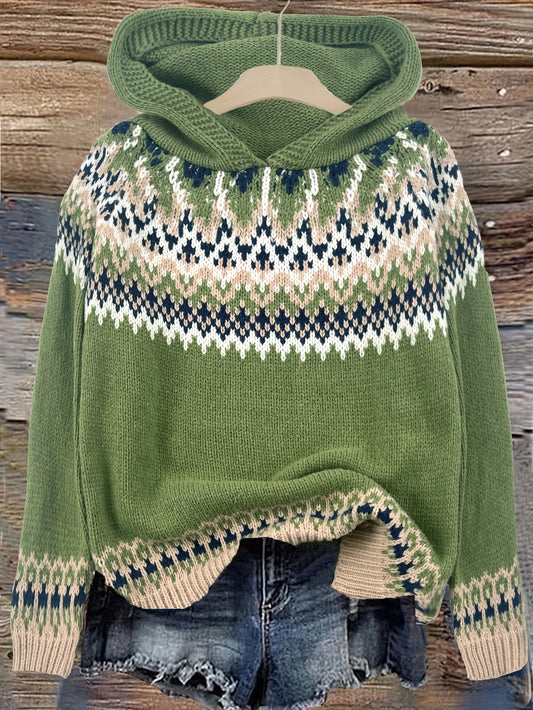 Comfortable Fair Isle Knit Hoodie for Women with Hooded Long Sleeve Relaxed Oversized Style