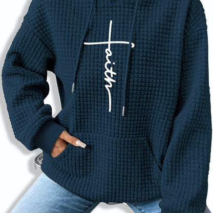 Graphic Print Solid Waffle Kangaroo Pocket Hoodie, Casual Long Sleeve Drawstring Hoodies Sweatshirt, Women'S Clothing