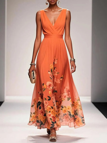 Light Blue Floral Chiffon V Neck Sleeveless A-Line Maxi Dress