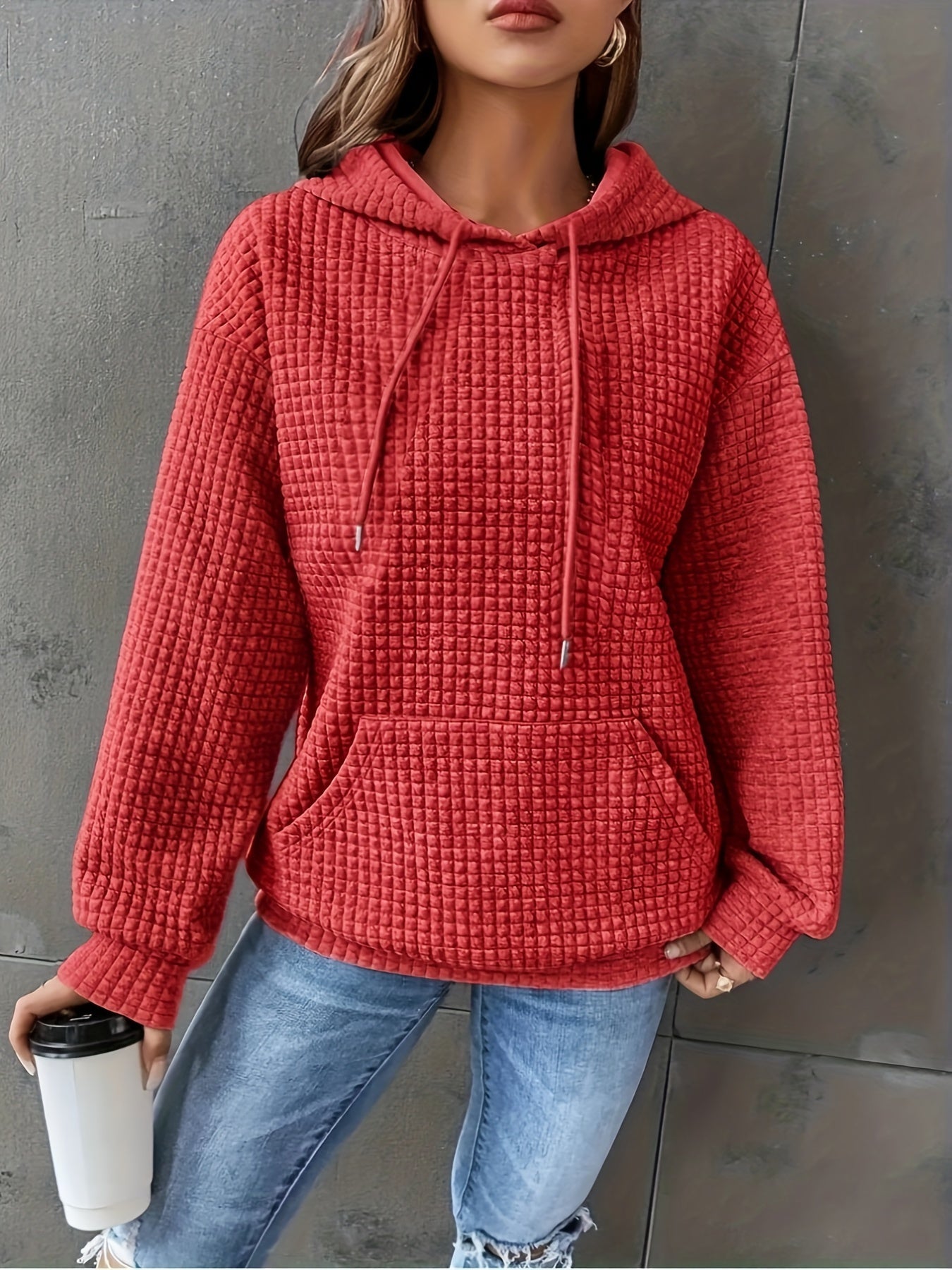 Women's Casual Waffle- Color-Block Hooded Sweatshirt - Relaxed Fit Long Sleeve Pullover with Drawstring Hood, Machine Washable Autumn Winter Fashion Top, Cute Sweatshirts, Autumn Apparel, Soft Fabric, Everyday Outfit, Waffle Design, Breathable Material, C